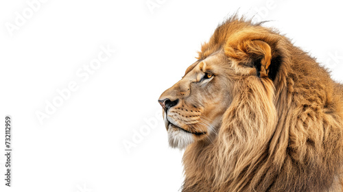 male lion's head cutout with mane isolated on white, side wiew on transparent png background	