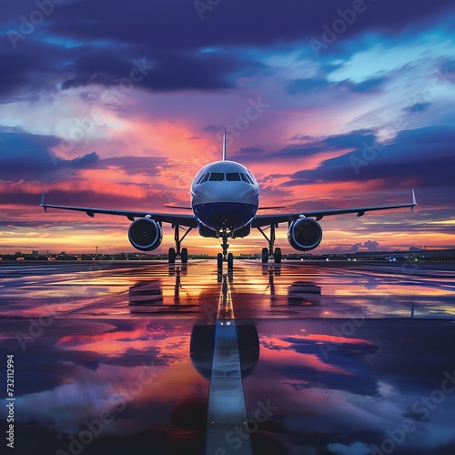 Airplane on the background of a beautiful sunset. 3d rendering