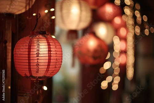 Colorful Chinese lanterns in the night market, vintage style.