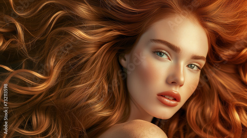 Auburn Tempest, Young Woman with Fiery Red Waves of Hair, for Hair Product Ad
