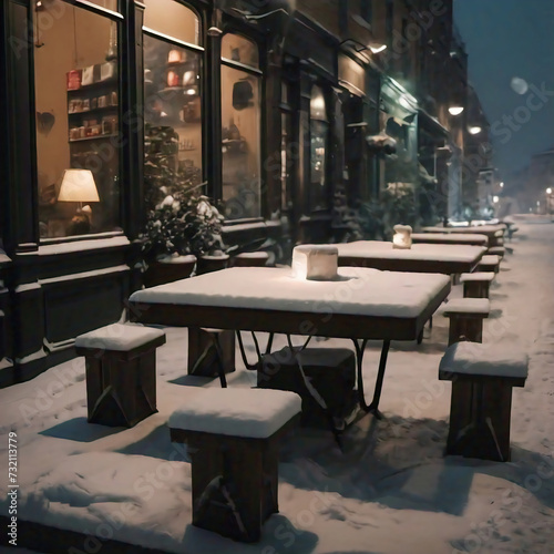 Tables and chairs  covered with snow on a cold winter night in front of a street cafe