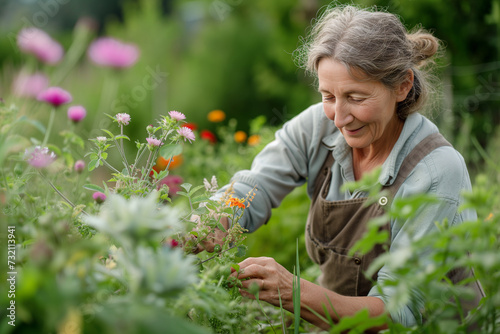 Happy senior woman taking care of flowers outdoors in garden. woman transplanting plants and taking care of flower pots in a greenhouse.