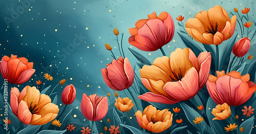 Tulips Background in the style of a drawn picture. 