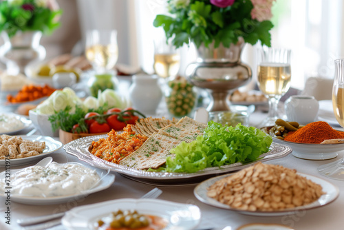 Passover table setting with a traditional Passover seder plate with symbolic meal, matzah and Haggadah. Table served for Pesach. photo