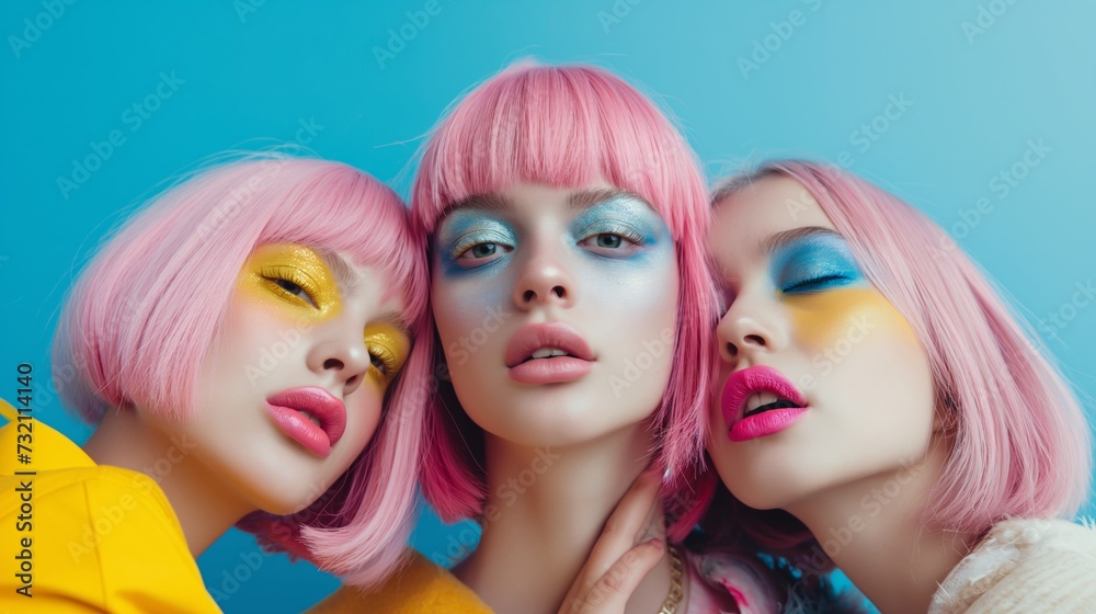 Fashion portrait of three girls with pink hair and bright makeup. Fashion portrait of three girls with pink hair and bright makeup.