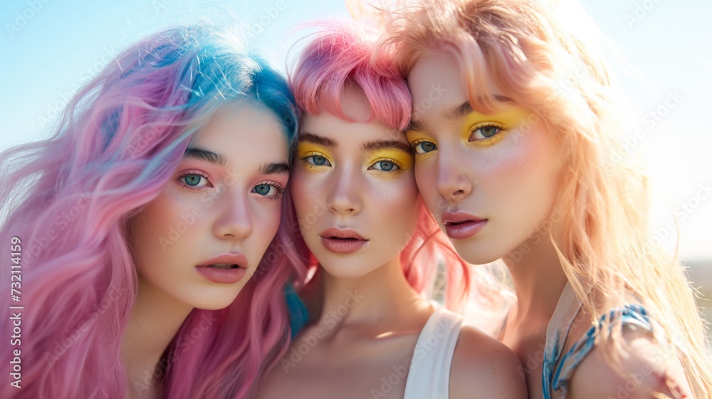 Fashion portrait of three girls with pink hair and bright makeup.
