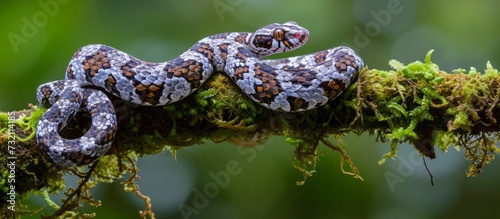 A reptile, the snake, can be seen resting on a mossy branch in a lush landscape filled with terrestrial plants and grass. photo