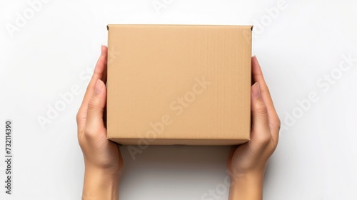 cardboard box in male hands isolated on white background