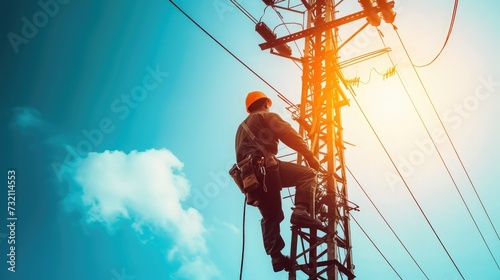 electric worker repair high voltage transmission lines on pole against blue sky