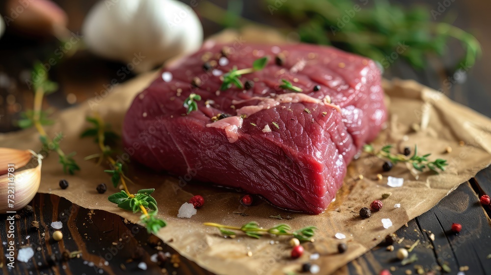 Piece of raw beef meat, garlic and thyme on wooden table, closeup Piece of raw beef meat, garlic and thyme on wooden table, closeup