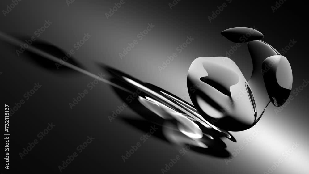 3d render abstract art black and white monochrome video animation with surreal glass sphere or ball sculpture in deformation transformation process with reflective transparent shadow on surface
