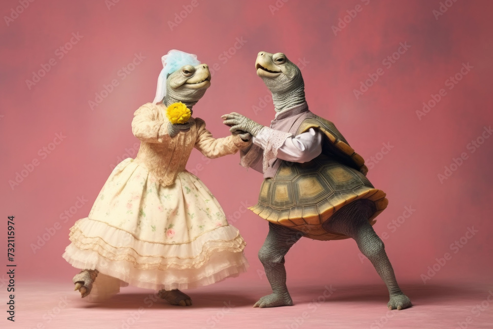 a married couple of turtles, dressed in wedding clothes, who joyfully jump