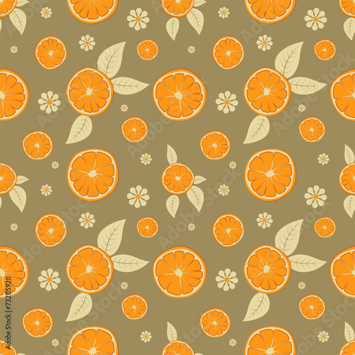 Seamless pattern with orange slices and leaves. Vector illustration.