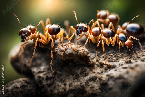 Close up group of ants standing on top of a rock on the forest © Malik