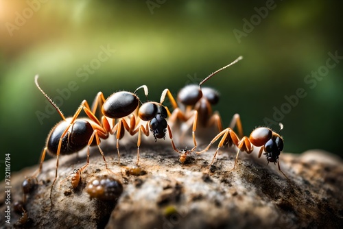 Close up group of ants standing on top of a rock on the forest photo