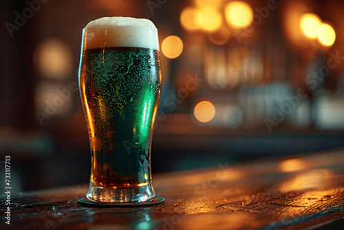 Glass with cold fresh green beer on wooden table on blurred background with golden lights. Oktoberfest and St. Patrick's day celebration in a pub or bar. Card, banner, poster, flyer with copy space