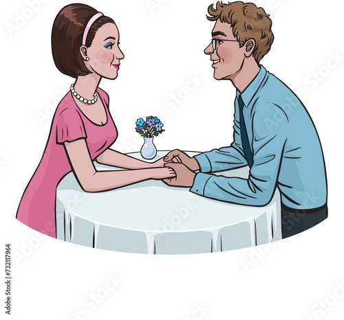 A loving couple sits opposite each other, looking into the eyes and holding hands