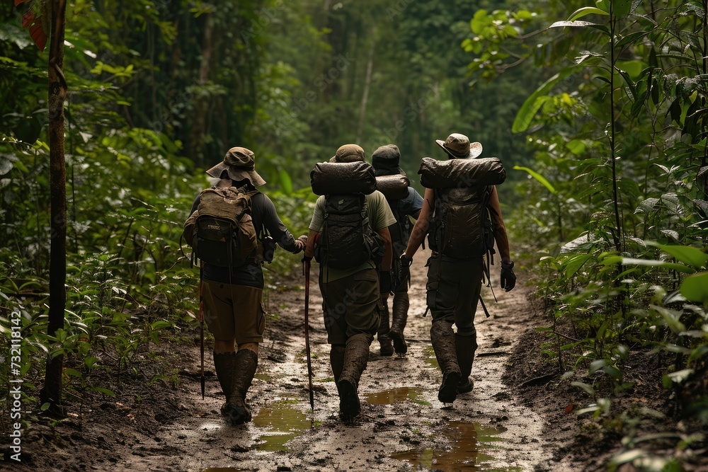 Amazon Trekking Expedition: A Captivating Scene of Trekkers Walking in a Group Through the Dense Foliage of the Amazon Rainforest.

