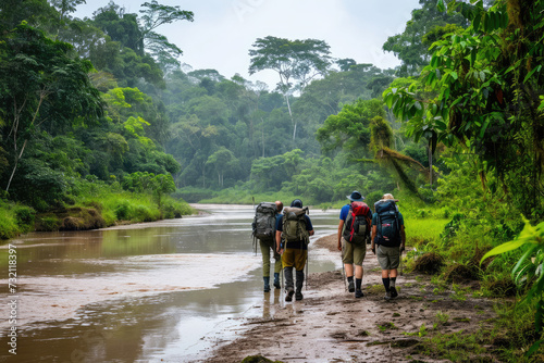 Amazon Trekking Expedition: A Captivating Scene of Trekkers Walking in a Group Through the Dense Foliage of the Amazon Rainforest.