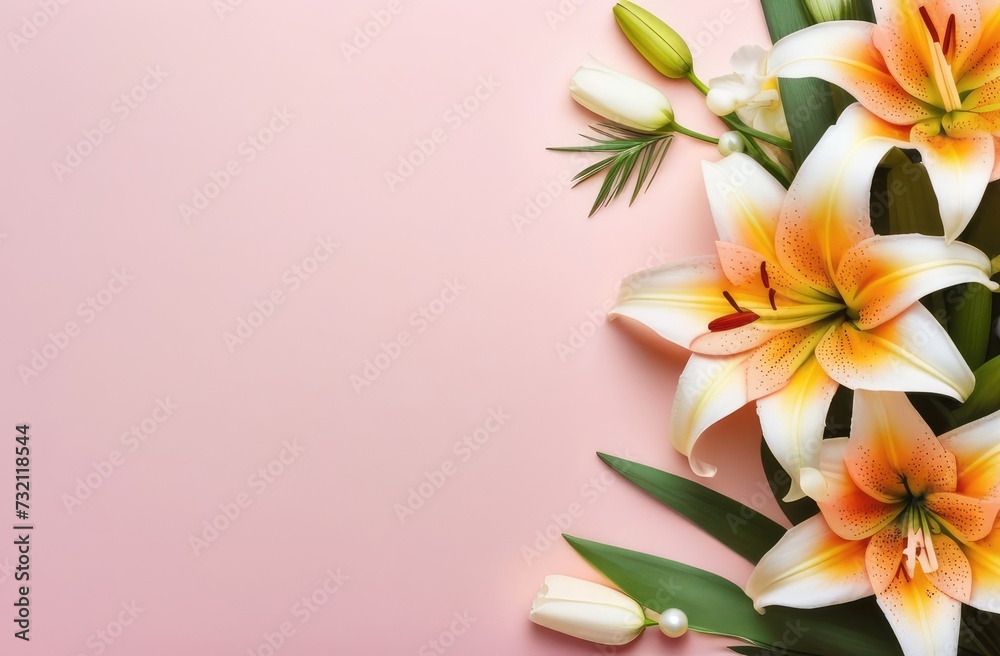 Fototapeta premium Orange fragrant lilies close-up on a light pink background. Postcard. Free space for text