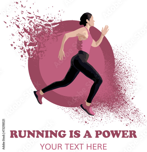 Running woman, fit style, a silhouette of a running woman with splashed pink background © Batsa