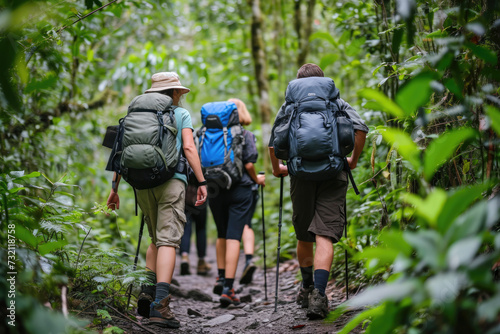 Amazon Trekking Expedition: A Captivating Scene of Trekkers Walking in a Group Through the Dense Foliage of the Amazon Rainforest.