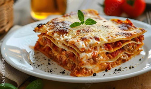 A slice of lasagna is on a white plate.Italian cuisine