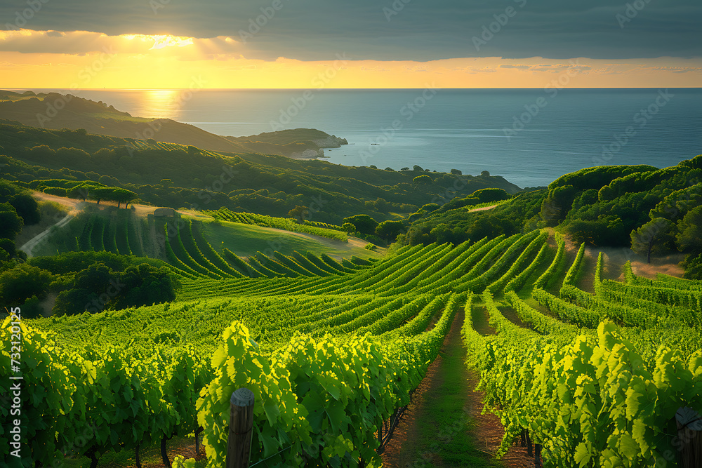 huge vineyards on which large bunches of grapes grow, large plantations, a tractor drives and waters, the sun shines in the background and the sea on the horizon
