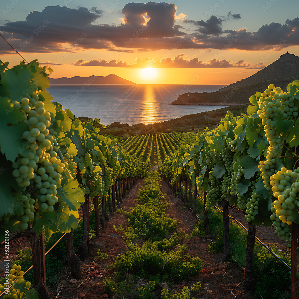 Naklejka premium huge vineyards on which large bunches of grapes grow, large plantations, a tractor drives and waters, the sun shines in the background and the sea on the horizon 