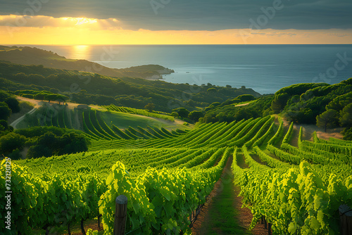 huge vineyards on which large bunches of grapes grow  large plantations  a tractor drives and waters  the sun shines in the background and the sea on the horizon 