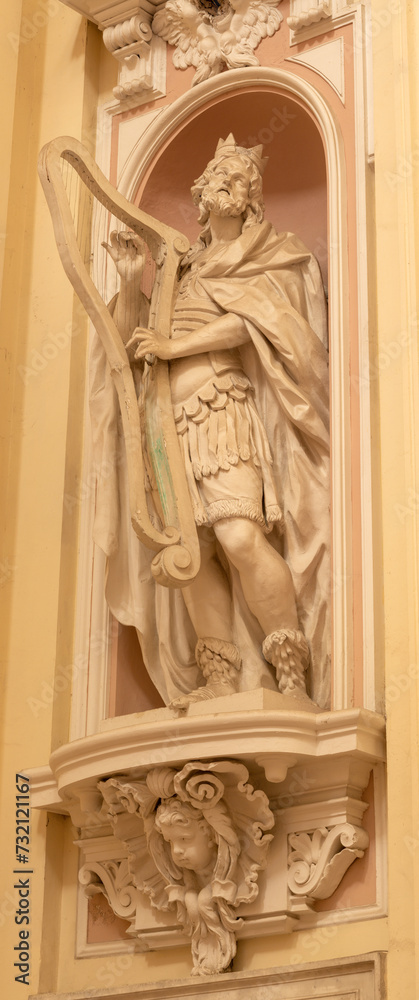 NAPLES, ITALY - APRIL 23, 2023: The statue of king David in the church Chiesa di Santa Maria Maggoire alla Pietrasanta by unknown baroque artist.