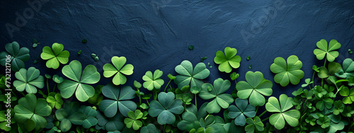Border made of clover leaves on dark blue background with copy space. Four leaved shamrocks. St Patrick Day holiday symbol. Template for design card, invitation, banner photo