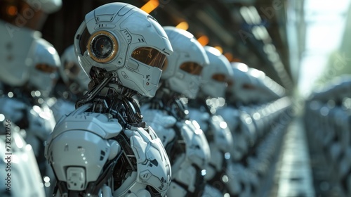 A row of robots lined up in a line with their eyes open, AI