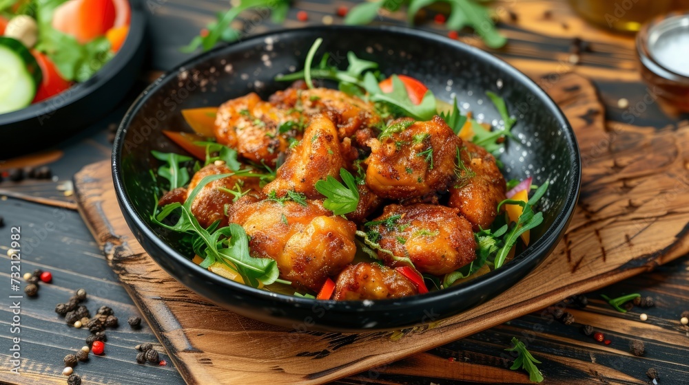 A front view fried meat with greens inside dark plate on the brown wooden desk meal food dinner, realistic, HD, copy space - generative ai A front view fried meat with greens inside dark plate on the brown wooden desk meal food dinner, realistic, HD, copy space - generative ai
