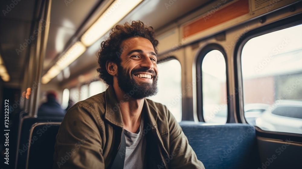 Photograph of a smiling man sitting in a train/bus. Man traveling with public transport. Photograph of a smiling man sitting in a train/bus. Man traveling with public transport.