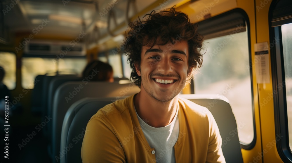 Photograph of a smiling man sitting in a train/bus. Man traveling with public transport. Photograph of a smiling man sitting in a train/bus. Man traveling with public transport.