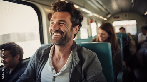 Photograph of a smiling man sitting in a train/bus. Man traveling with public transport. © Meta