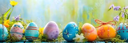 Wide banner background with Easter theme copy space and vibrantly decorated eggs - Generative ai