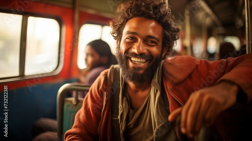 Photograph of a smiling man sitting in a train/bus. Man traveling with public transport.