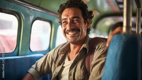 Photograph of a smiling man sitting in a train/bus. Man traveling with public transport.