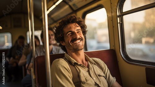 Photograph of a smiling man sitting in a train/bus. Man traveling with public transport. © Meta