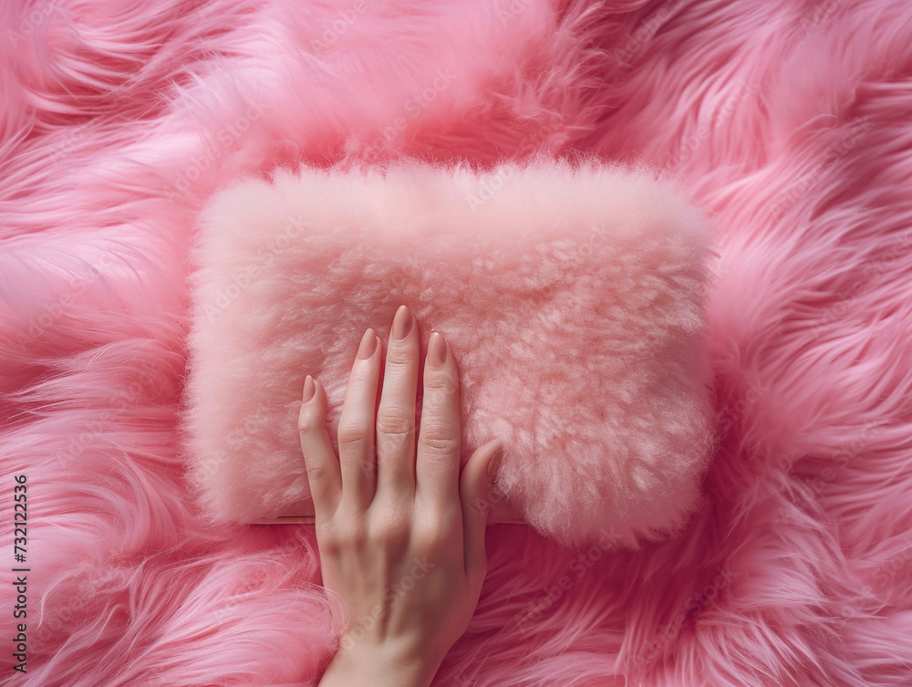 Female hand holding pink fluffy clutch made of faux fur Female hand holding pink fluffy clutch made of faux fur