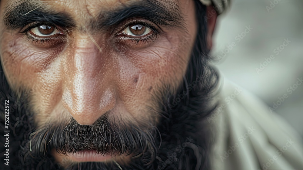 A close-up of a Muslim man with a beard
