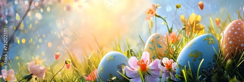 Wide banner background with Easter theme copy space and vibrantly decorated eggs - Generative ai photo