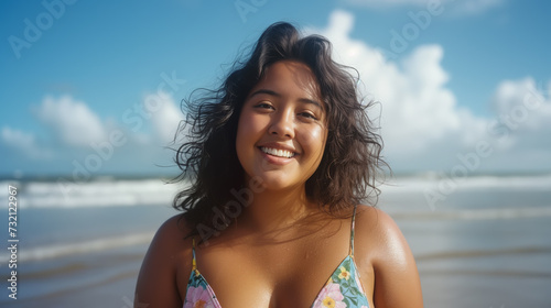 Joyful curvy woman on a beach