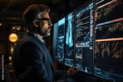 Focused Analyst Monitoring Data on Multiple Computer Screens