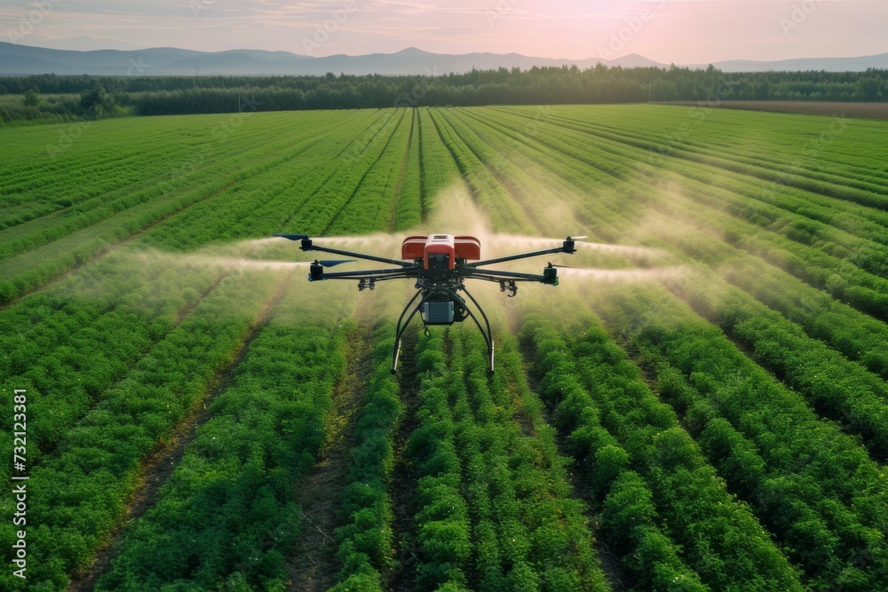 A modern drone irrigates a field on a farm with fertilizer. Background with selective focus and copy space A modern drone irrigates a field on a farm with fertilizer. Background with selective focus and copy space