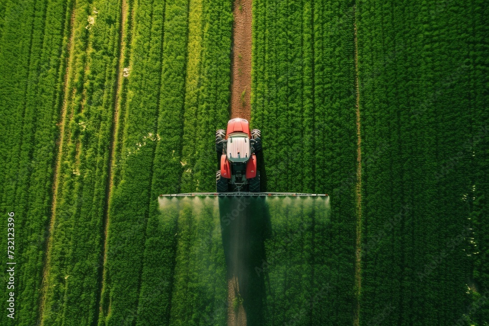 A tractor irrigates the soil with fertilizer. Background with selective focus and copy space