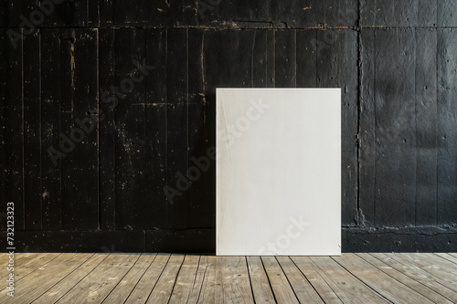 Close up of a Mockup white canvasagainst a black wall on wood floor. Dark  living room design. View of modern scandinavian style interior. photo