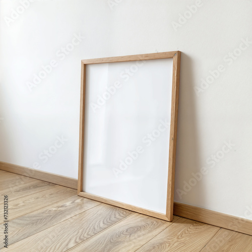  Close up of a Mockup poster frame with wooden frame and blank picture on wood floor. White living room design. View of modern scandinavian style interior. photo